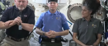 NASA astronauts Barry Wilmore (from left), Nick Hague and Sunita Williams