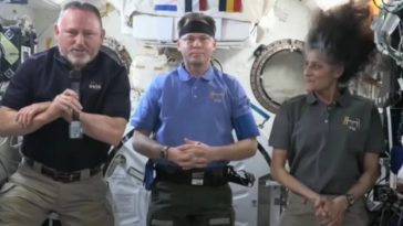 NASA astronauts Barry Wilmore (from left), Nick Hague and Sunita Williams